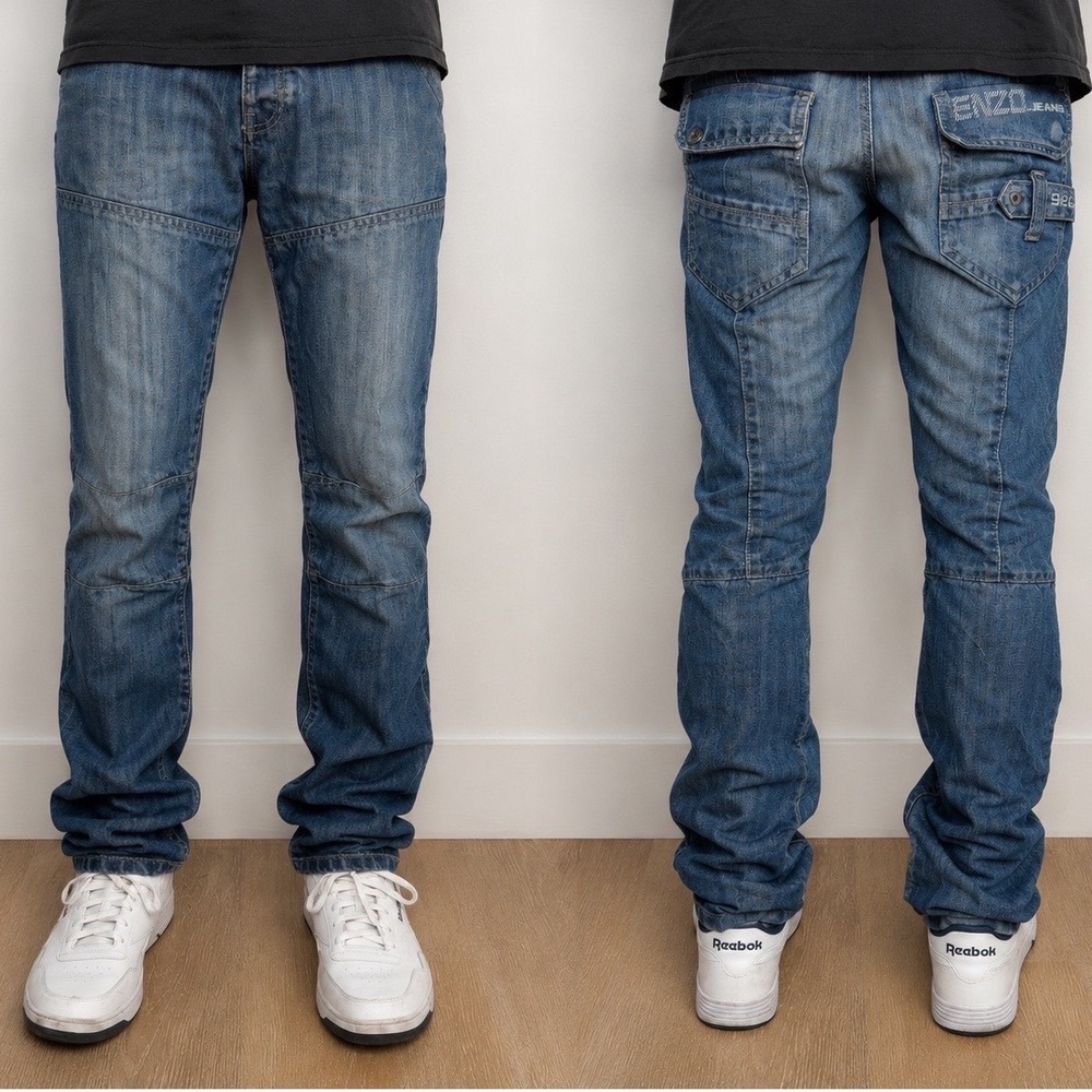 Enzo Mens Euro Straight Leg Paneled Denim Jeans Blue Medium Wash 32L